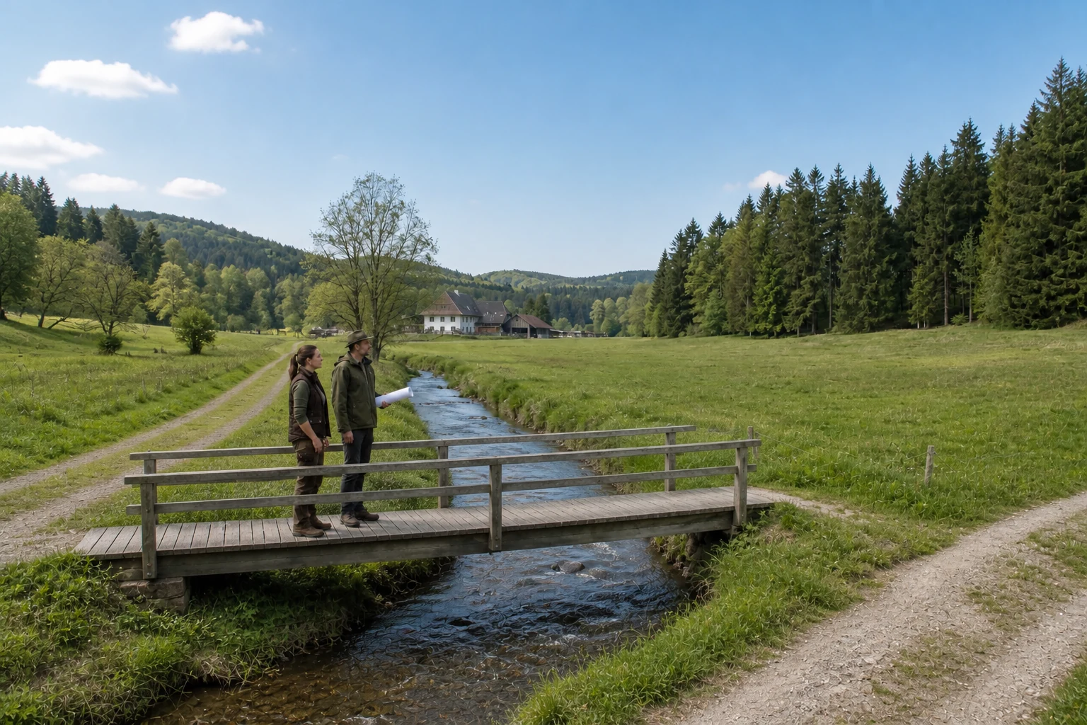 Landwirtin und Förster betrachten Grünland und Wald an einem Bach