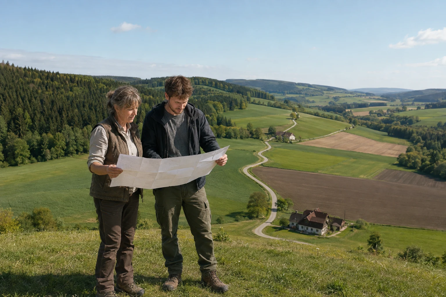Eigentümer betrachten gemischten ländlichen Grund in einer mitteleuropäischen Region