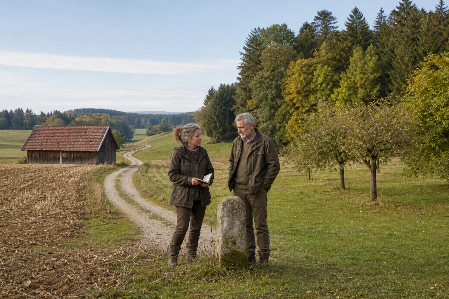 Eigentümerpaar bespricht Acker, Obstwiese und Wald an einem Grenzstein
